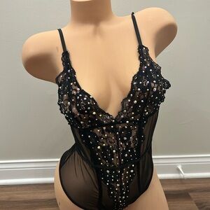 Rave Stripper Festival Dance wear Black Lace Bodysuit with Rhinestones